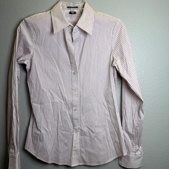 Theory Womens Shirt Small Striped Button-Up Cinched Waist Office Chic Pink White - Picture 9 of 9